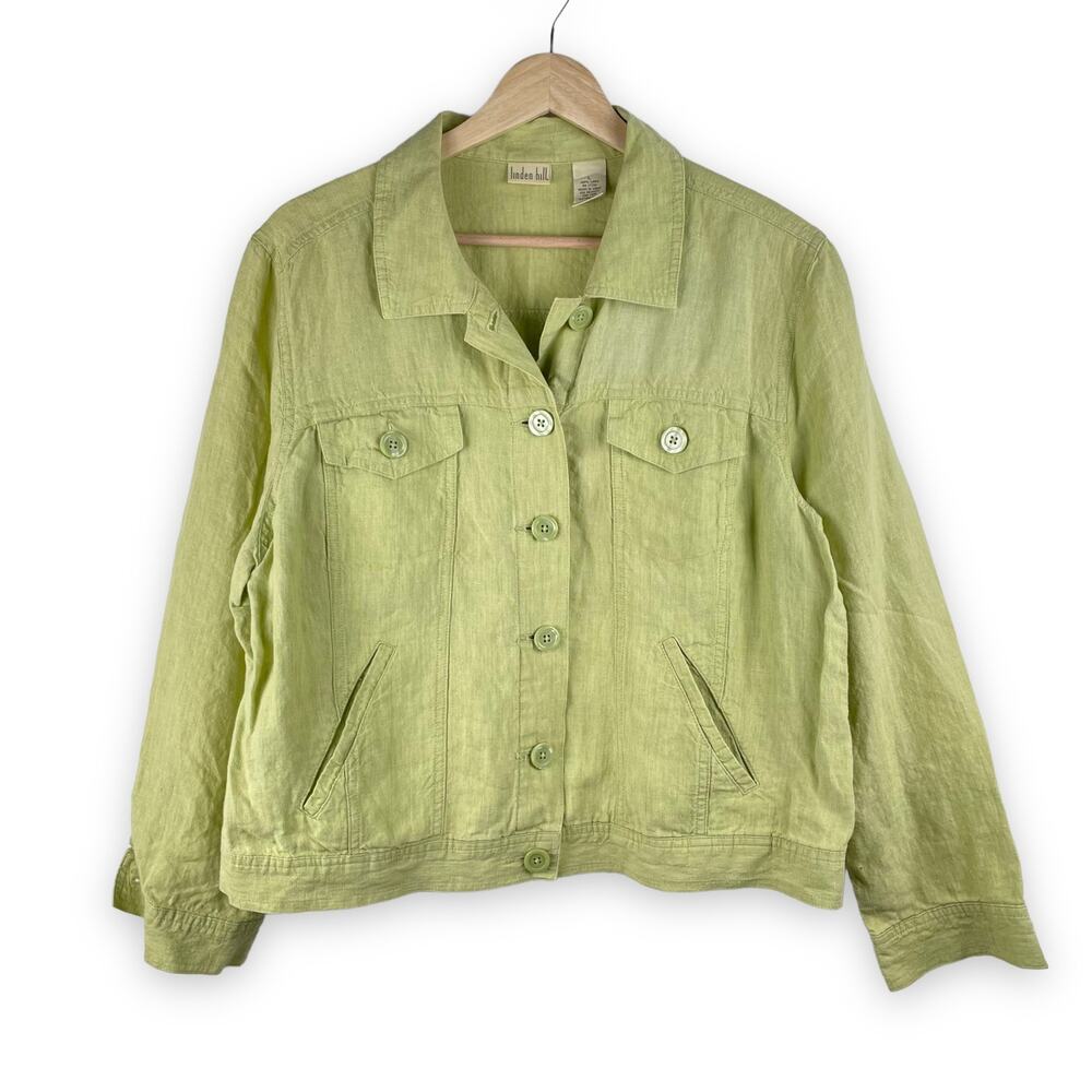 Linden Hill 100% Linen Button-Up Jacket Womens L Light Green Pockets Lightweight
